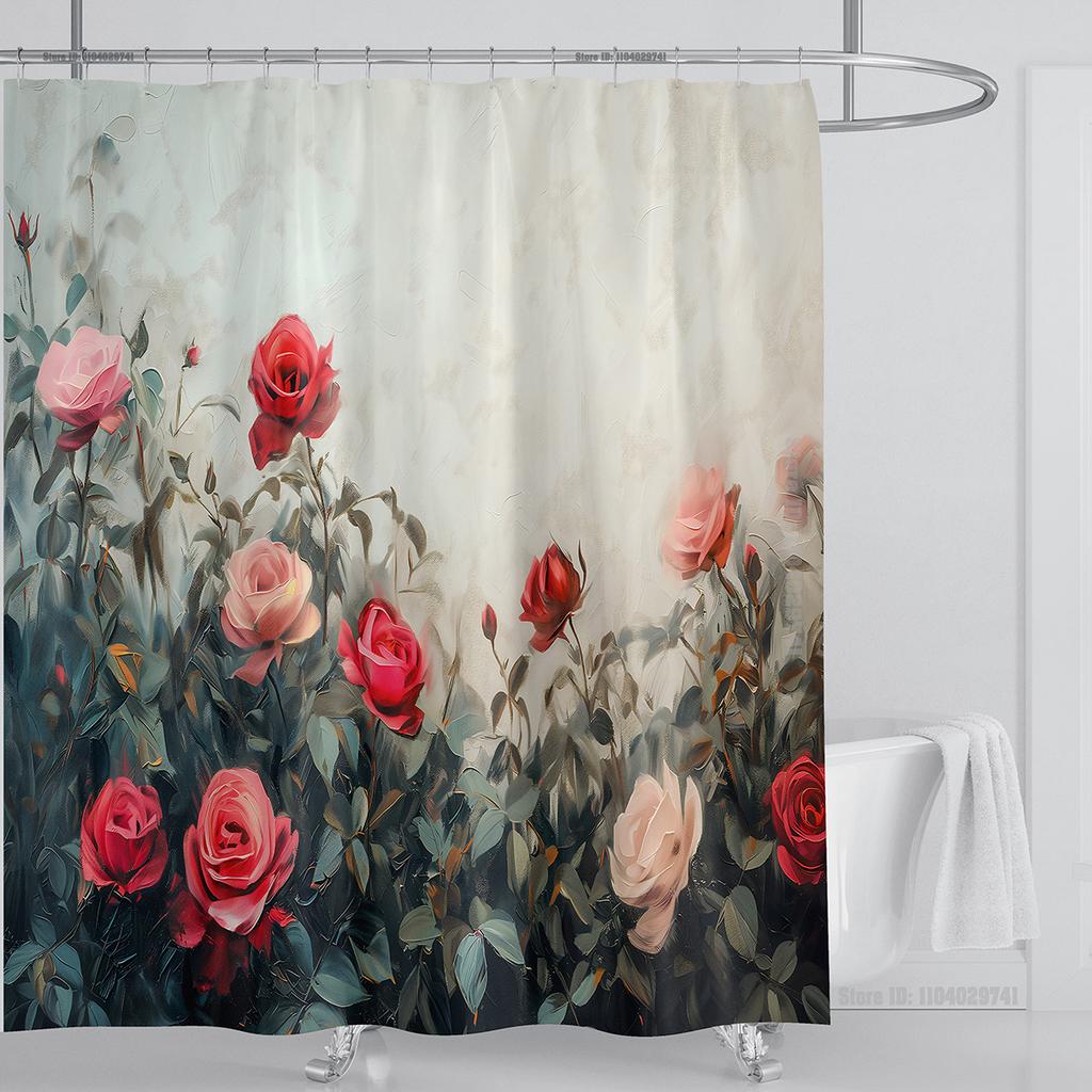 Rose Flower Shower Curtain Waterproof Shower Curtain Polyester Fabric 3D Printed Curtain Bathroom Decoration With Hook