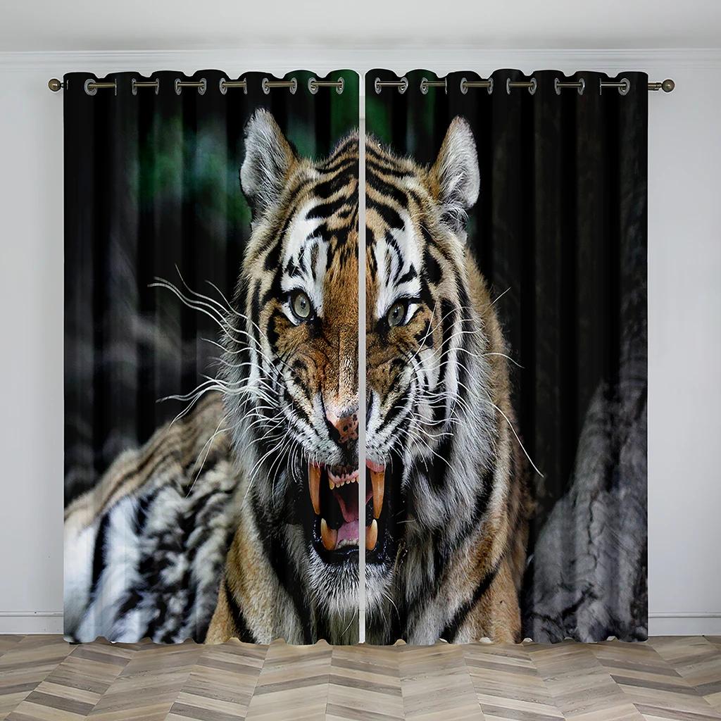 3D Digital Printing Curtain for Kitchen, White Tiger, Wild Animal Pattern, Short Window Curtains, Living Room, 2 Panels