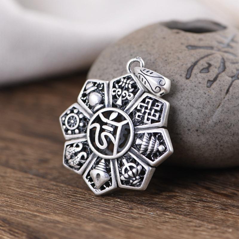 Retro Ethnic Auspicious Eight Treasures Pendant Women Jewelry Fashion Hollow Necklace 925 Silver Chain Male Neck Accessories