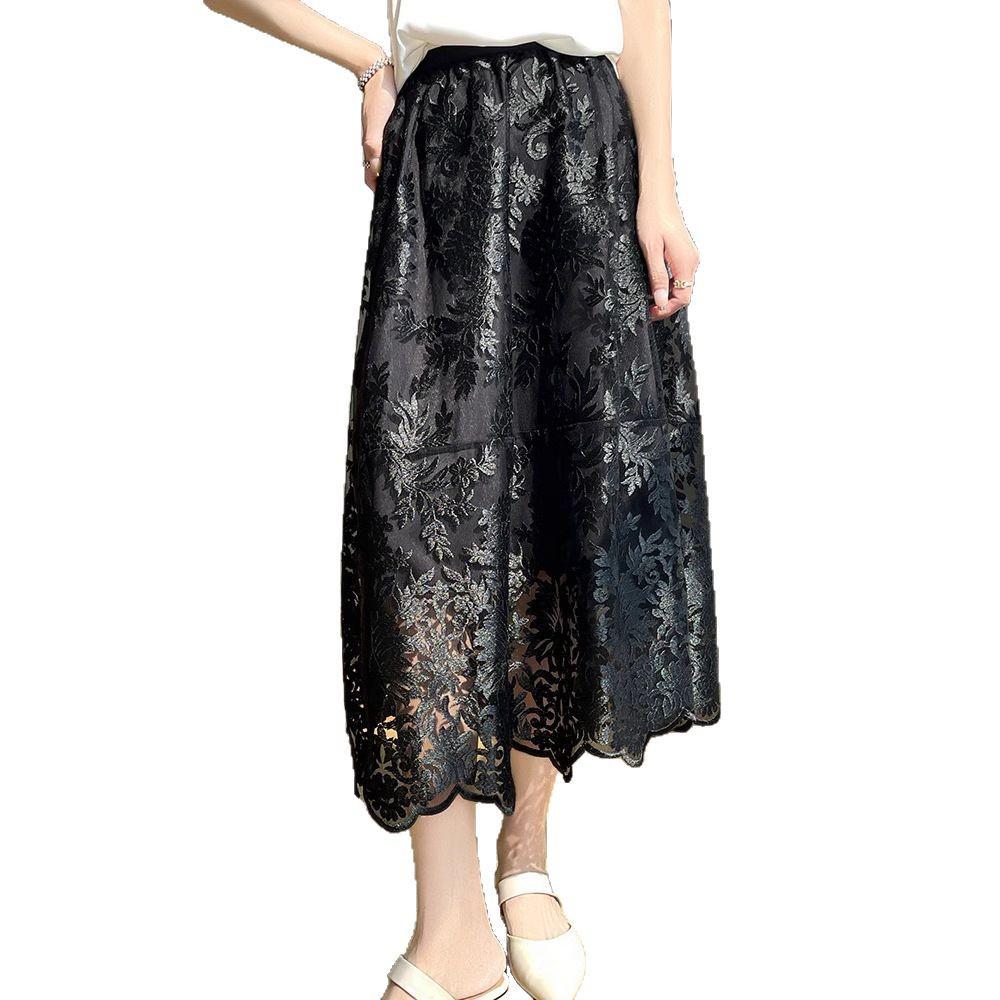 Summer 2025 High Waist A-Line Lace Midi Skirt