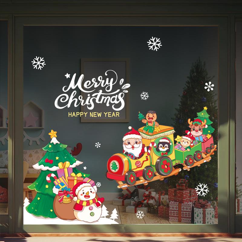 Christmas Window Stickers Happy New Year Decorative Glass Window Static Sticker Merry Xmas Santa Claus Shopping Center Ornament