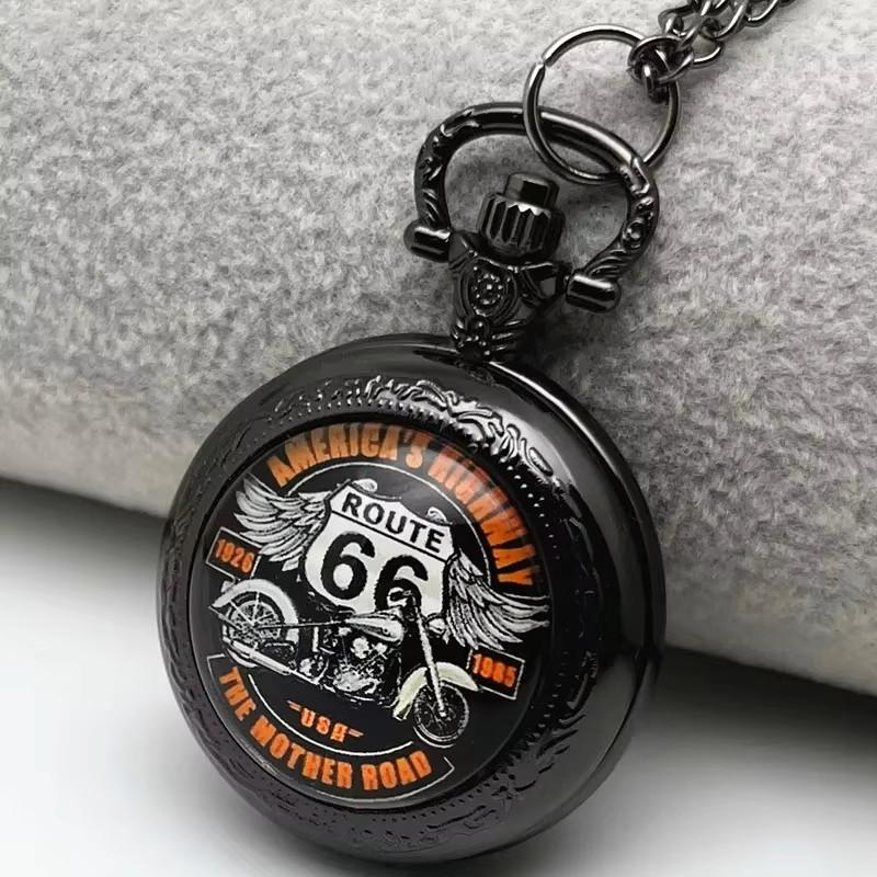 Vintage Retro Motorbike Motorcycle Chopper America Highway Route 66 Mother Road Quartz Pocket Watch Men Necklace Pendant Clock Chain Classic Dial Gift