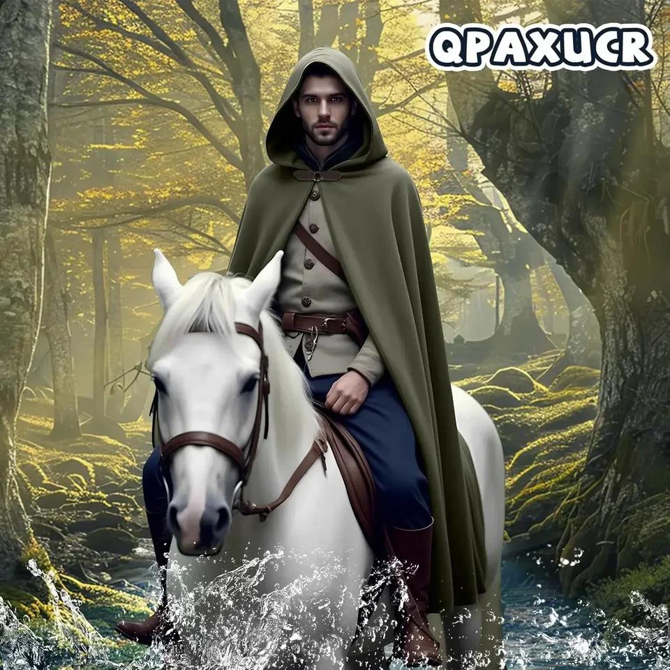 Medieval Hooded Cloak with Round Buckle and Green Leaf Brooch Necklace