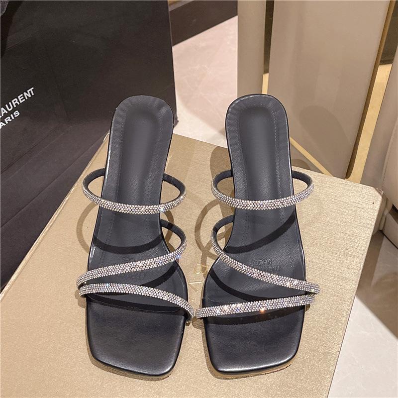 French high-heeled slippers women's summer outer wear 2025 new rhinestone small fragrant wind transparent word with thick heel crystal sandals