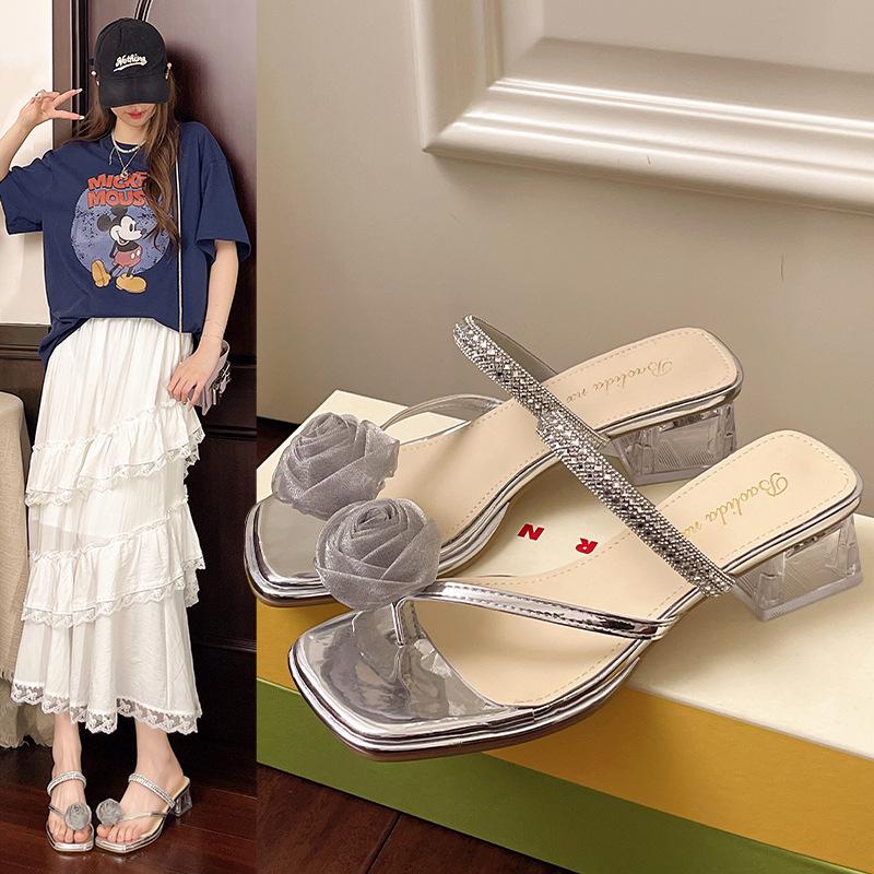 Coarse heel rhinestone cool slippers women's shoes wear 2025 new summer temperament cool slippers