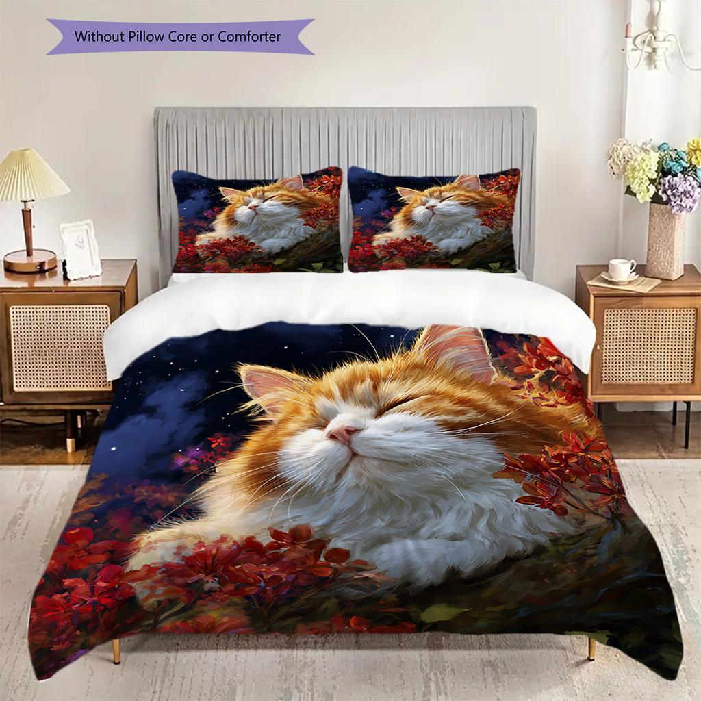 Ginger Cat Pattern Bedding Quilt Set Quilt Cover Pillowcase Home Decoration Birthday Gift (1 * duvet cover + 2 * pillowcase, without core)