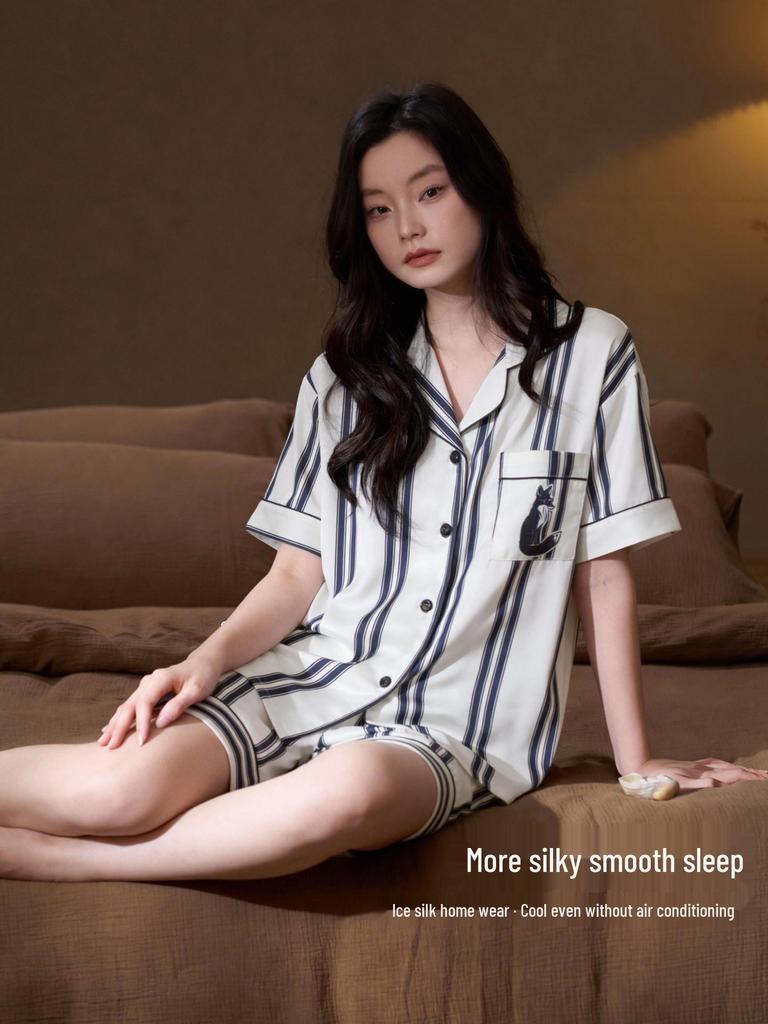 Damen Gestreiftes Eis Seiden Pyjama Set, Kurzarm Oberteil & Shorts für Drinnen oder Draußen