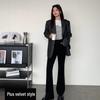 Women's High Waist Black Flared Velvet Trousers - Slim Fit, Casual, Autumn/Winter Wide Leg Pants