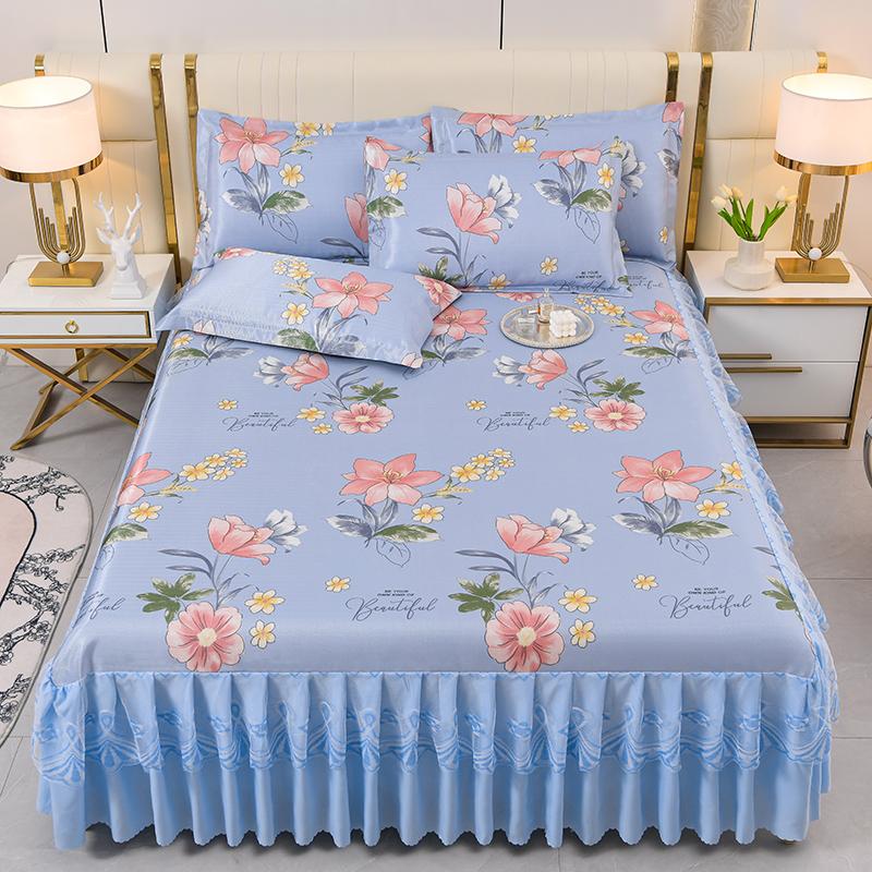 Pink Flowers Lace Bed Skirt Set Summer Ice Silk Smooth Comfortable Bedspread with Pillowcases Luxury Queen King Size Bedding Set