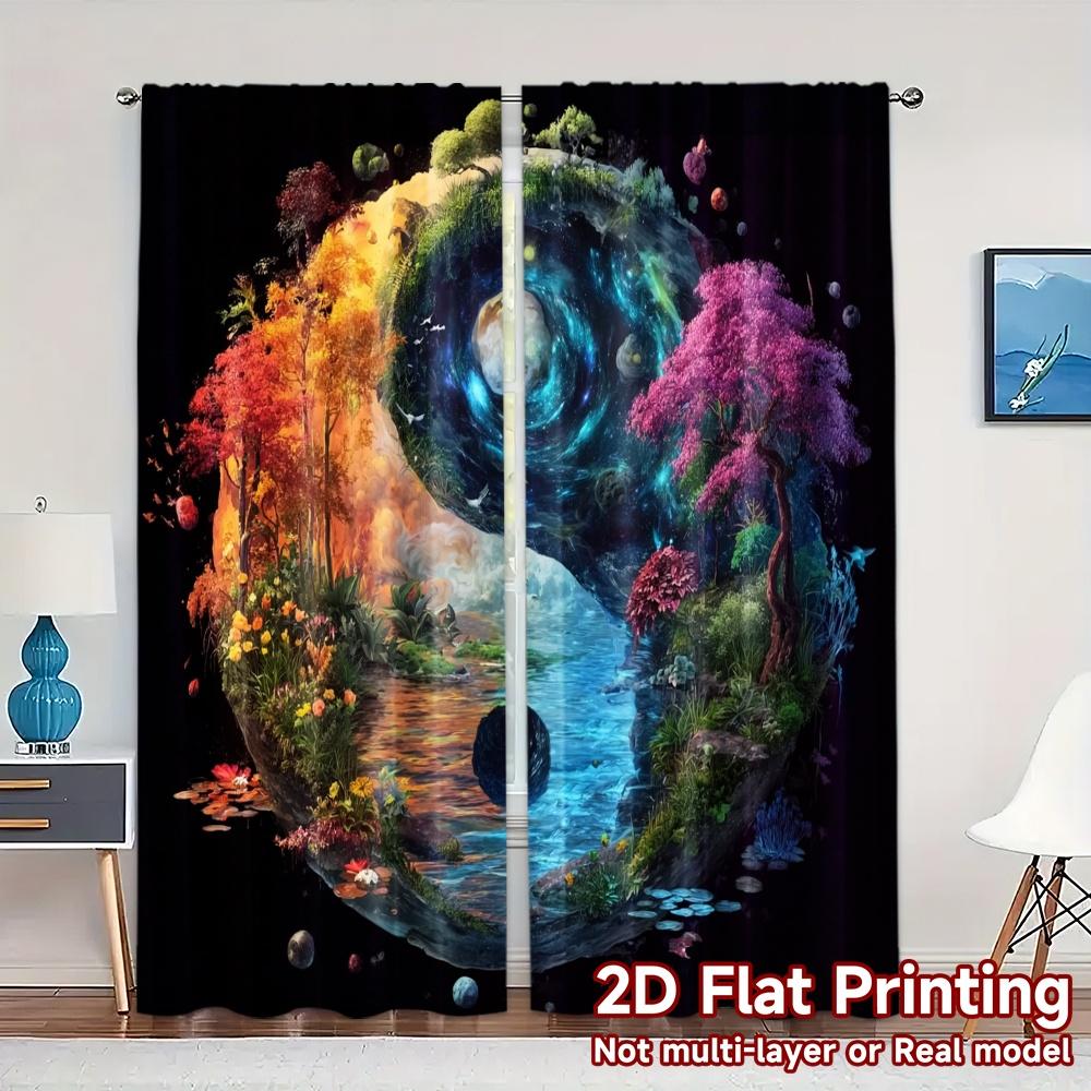 

Set Of 2 Flat Printing Curtains Without Rod Harmonysphere Print Popular Versatile Polyester Fabric All Curtain Made W100*H70(CM)-Grommet top&2PCS