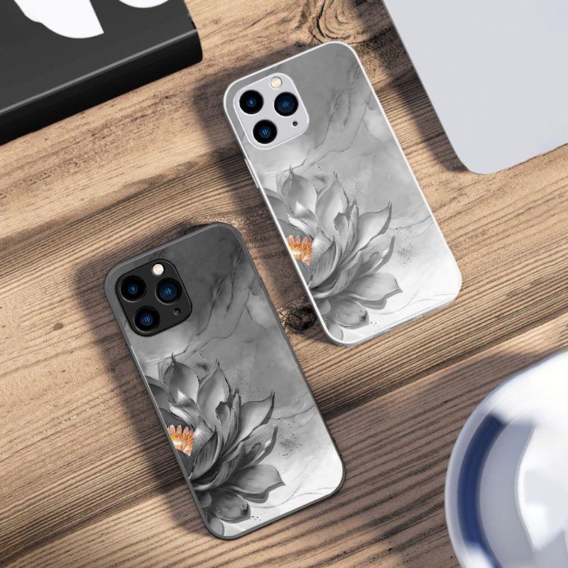 Side Lotus White For IPhone 16 Pro Max 15 Pro 14 13 12 Mini 11 XS Max XR 7 8 Plu SE 2022 Tempered Glass Phone Case