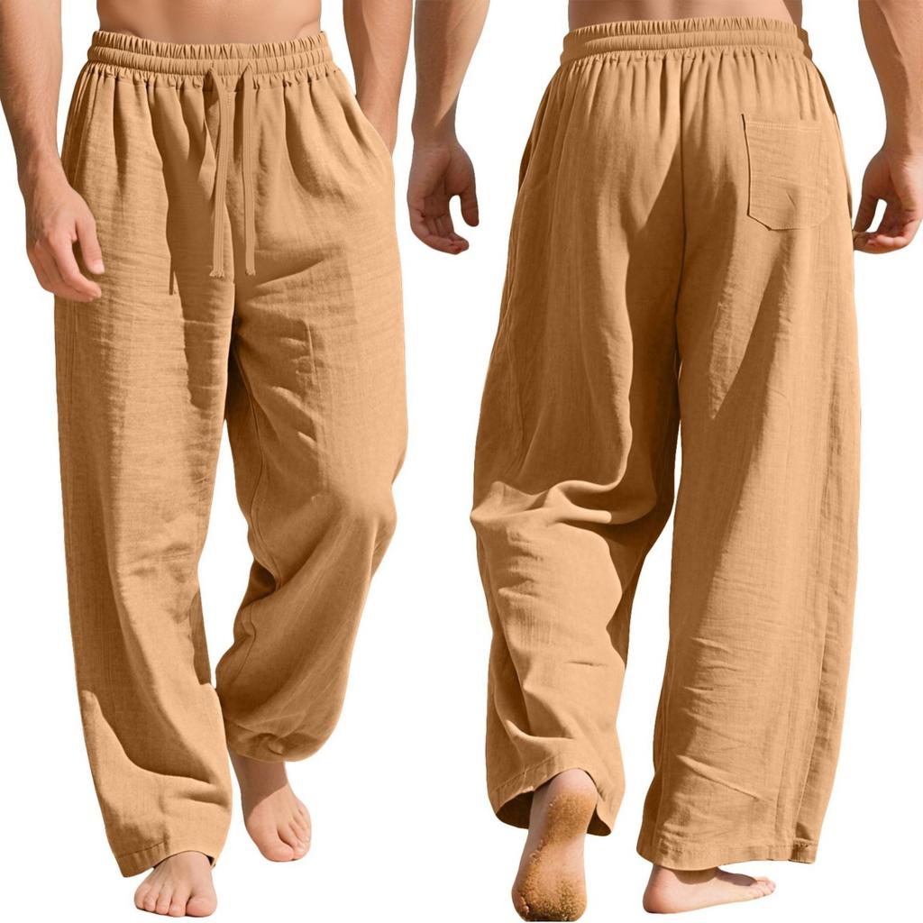 Men's Linen Pants Lightweight Drawstring Elastic Waist Loose Fit Straight Legs Pants With Pockets Breathable Beach Yoga Work Linen Trousers for Men