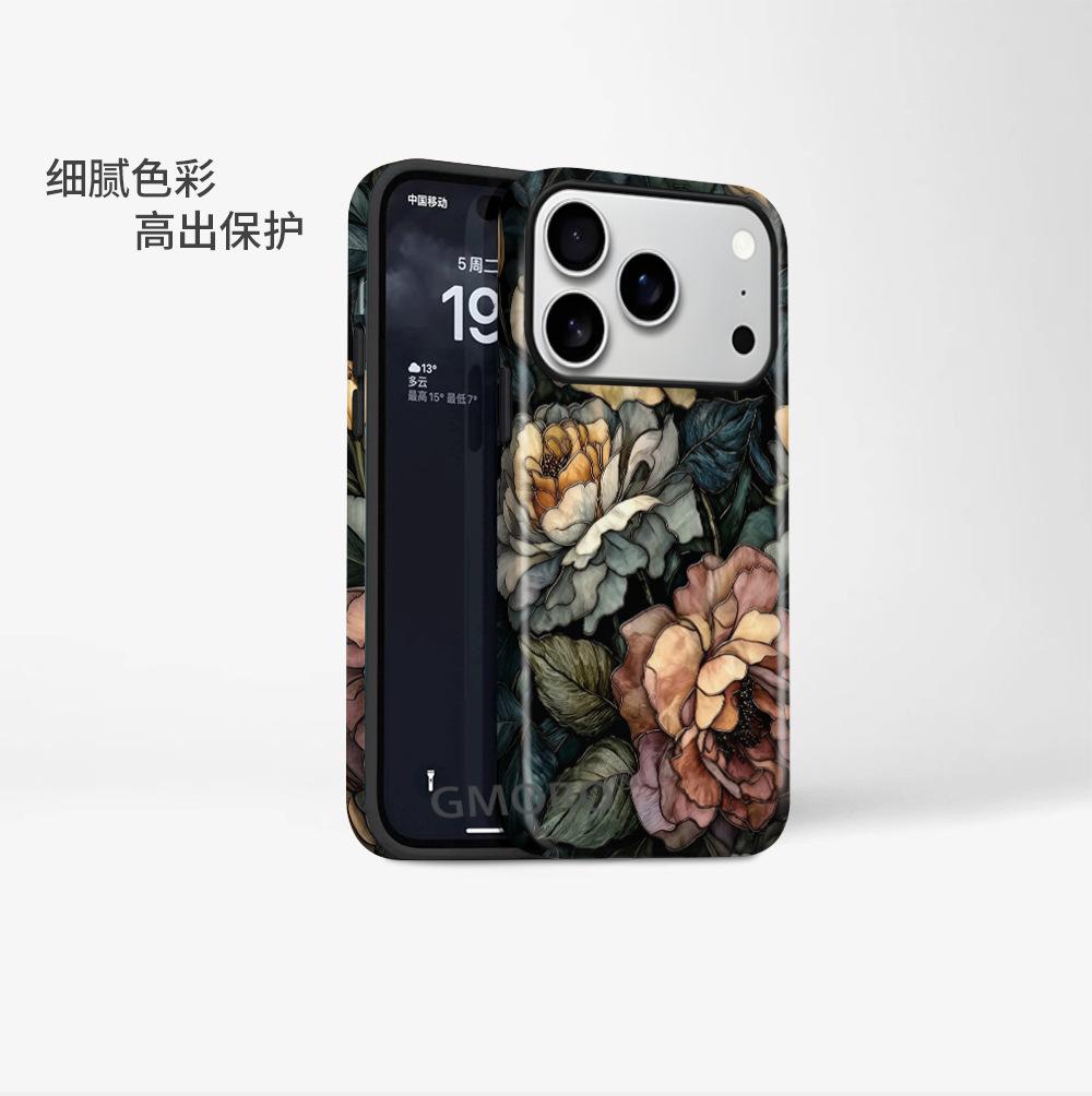Dark Retro Oil Painting Rose Mobile Phone Case Apple 16 French Niche iPhone17 Magnetic Film Hard Case Anti-drop