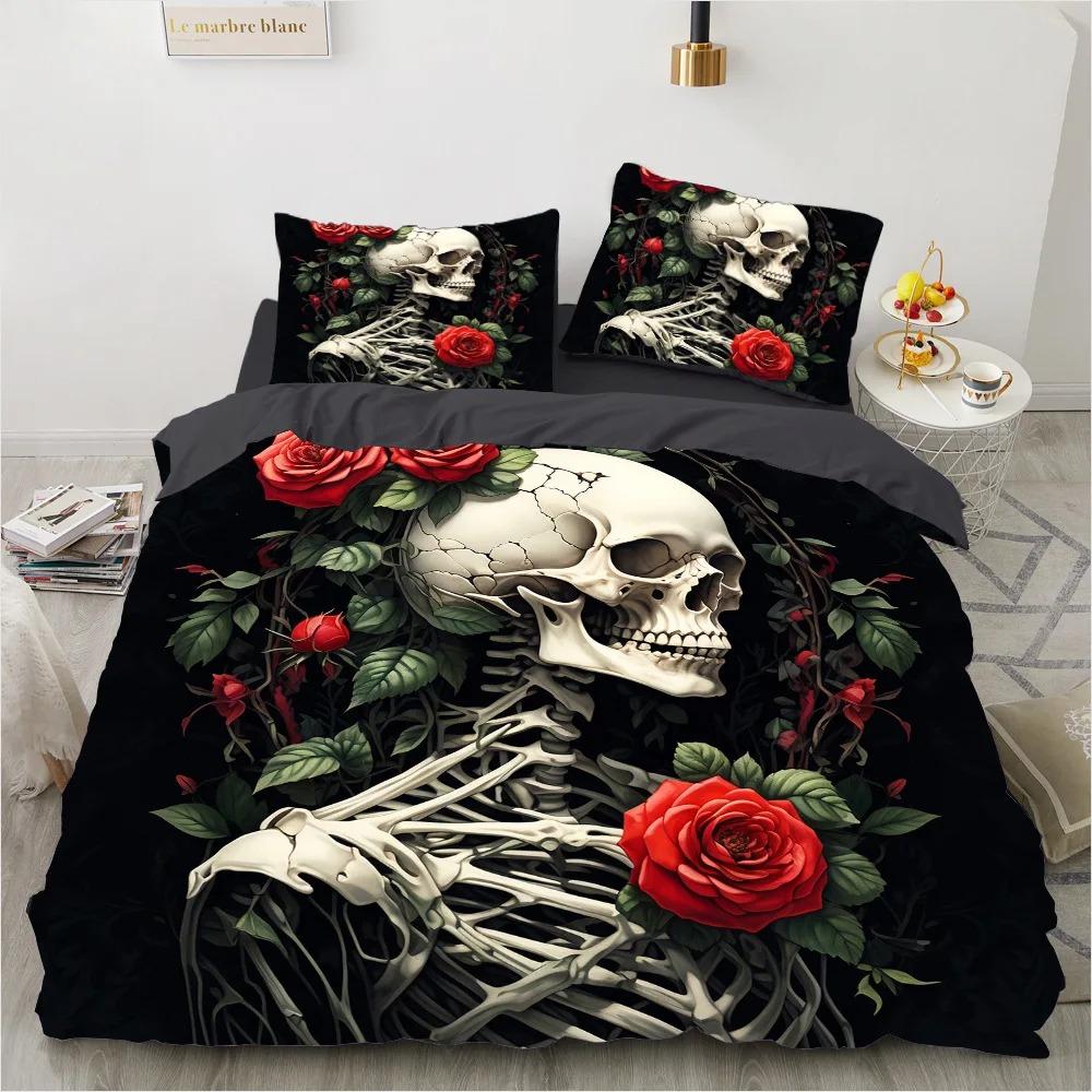 Skull Rose Duvet Cover Set, Gothic Skeleton Bedding Set, Soft Microfiber Quilt Cover Pillowcase, King Queen Size