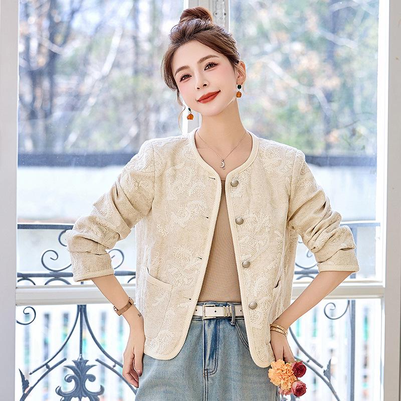 2025 Spring Embroidered Round Neck Cotton Linen Jacket ME5519