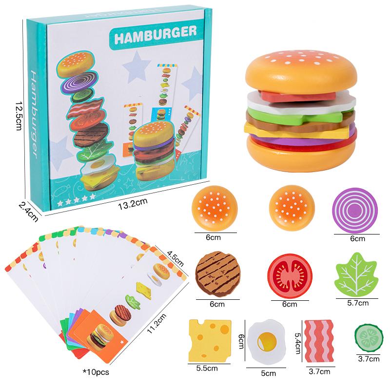 Hamburger Pretend Play Educational Montessori Wooden Toys Simulation Food Matching Stacking Game With Cards For Kids 2 Years Gi