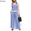 ZANZEA Women Sleeveless Tank Tops and Pants Summer Plaid Print Two Piece Suit Sets