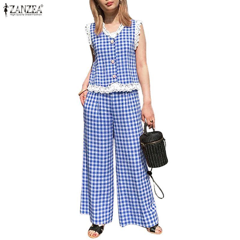 ZANZEA Women Sleeveless Tank Tops and Pants Summer Plaid Print Two Piece Suit Sets