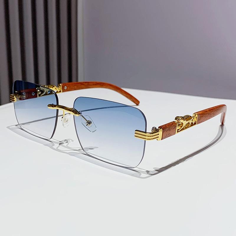 European Frameless Edge Cut Wood Grain Leopard Head Sunglasses: Unisex, Square Frame, Trendy for Driving