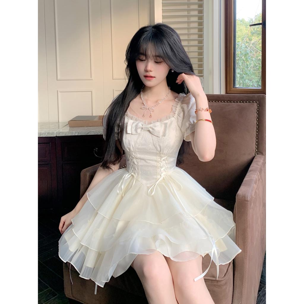 Bubble French sweet summer princess bow new short dress tutu skirt women's summer