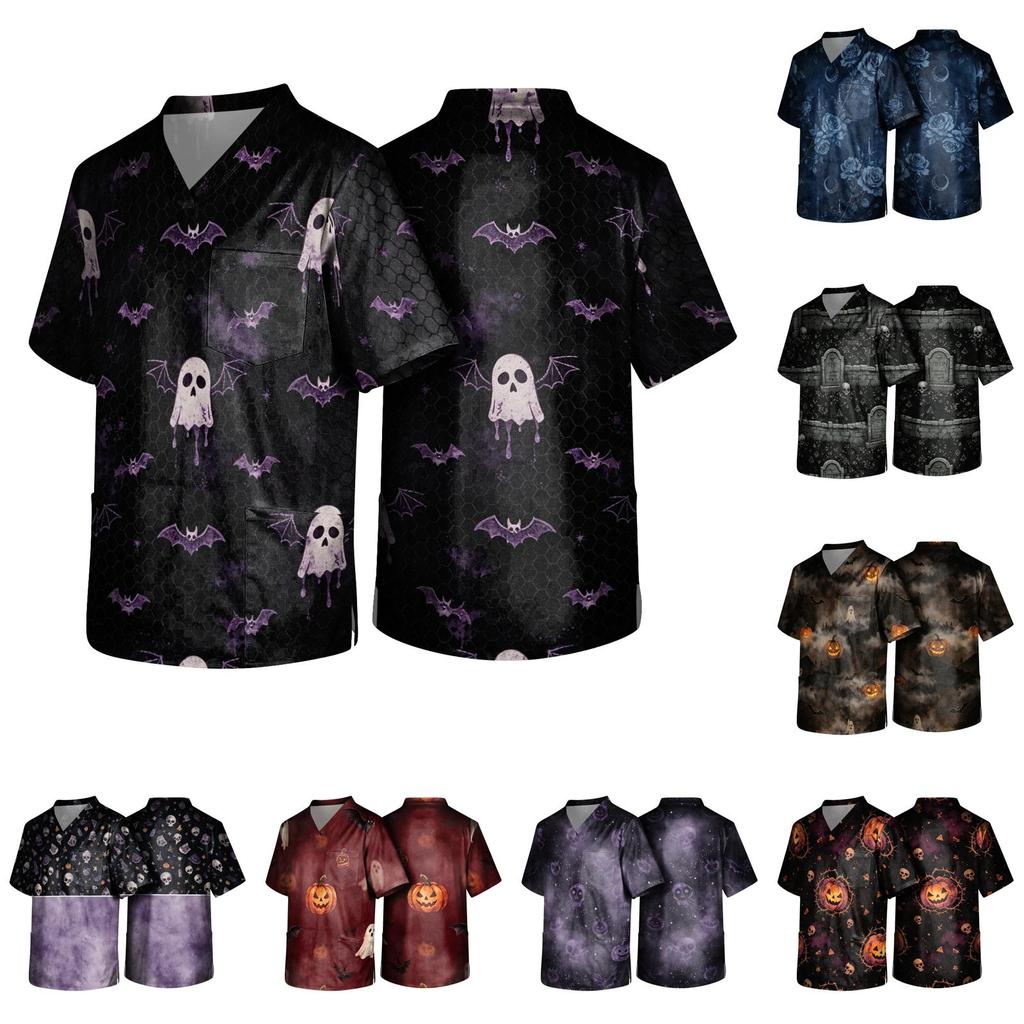 Men's Halloween Print Medical Scrub Top V Neck Tie Pocket Comfortable Fit Workwear for Healthcare Professionals Daily Use