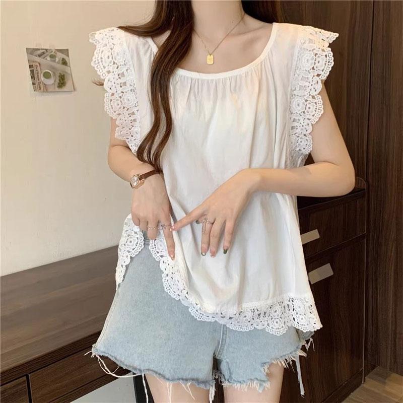 

Повседневная кружевная блузка с рукавами-крылышками, женская одежда, милая однотонная летняя базовая без рукавов, французский стиль, комбинированная, свободная рубашка L белый