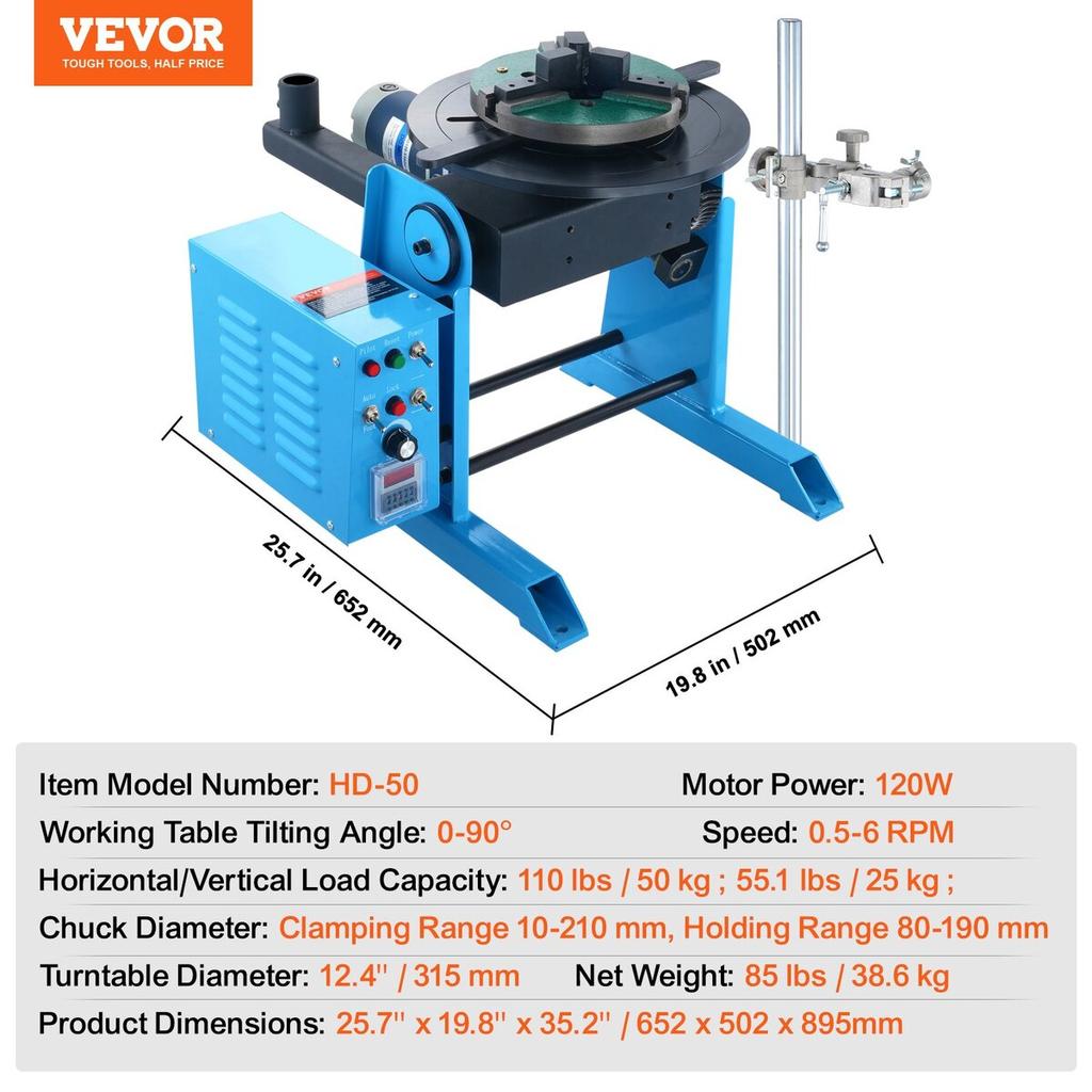 50KG Rotary Welding Positioner 0-90° Positioning Turntable Table 0.5-6RPM