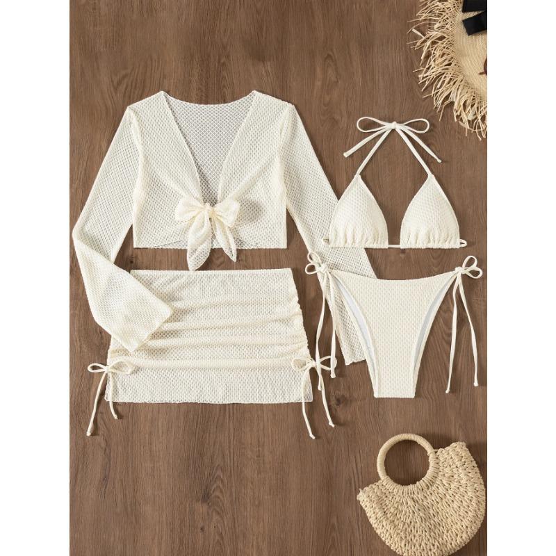 Sexy Mesh White 4 Piece Bikini Set 2025 Women Long Sleeve Cover Up with Skirt Swimsuit Beach Bathing Suit Holiday Thong Swimwear