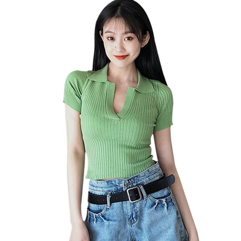 

Женская футболка однотонная с отложным воротником в стиле ретро, короткий повседневный трикотажный топ с короткими рукавами