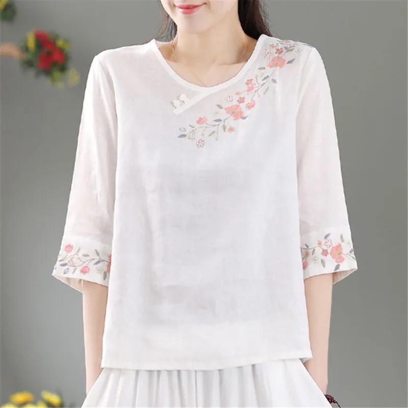 Ethnic Style Cotton-Linen Embroidered T-Shirt: Artistic Retro, Buttoned, Round Neck, Short Sleeve, Summer Loose Fit for Women