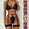 Women Sexy Sheer Lace Lingerie Set Three Piece Strappy Bra Panty Garter Belt No Underwire Intimate Apparel