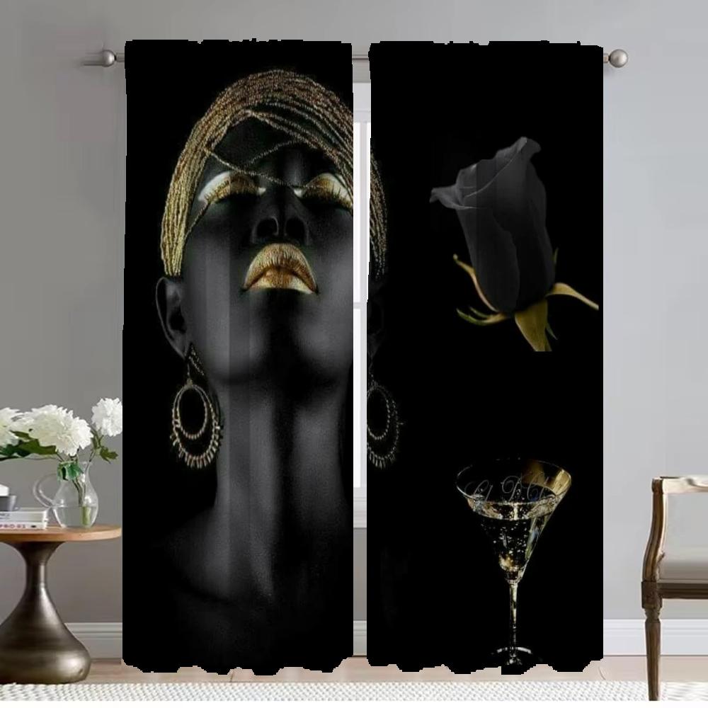 Czarne Złoto Afrykańskie Zasłony dla Pani do Salonu Zasłona do Pokoju 2 Panele Dekoracja Halloween Przepierzenie Odcienie Kuchnia Zaciemniająca