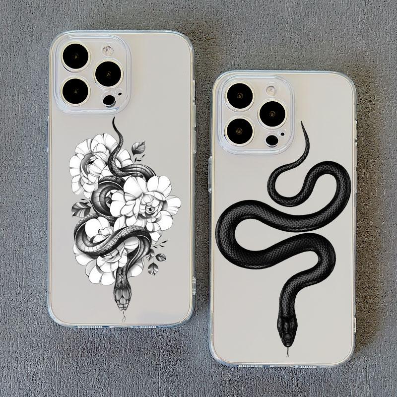 Luxurious Black White Flower Snake Clear Phone Case for IPhone X XR XS 14 13 12 11 Pro Max Mini 7 8Plus Unique Dragon Back Cover