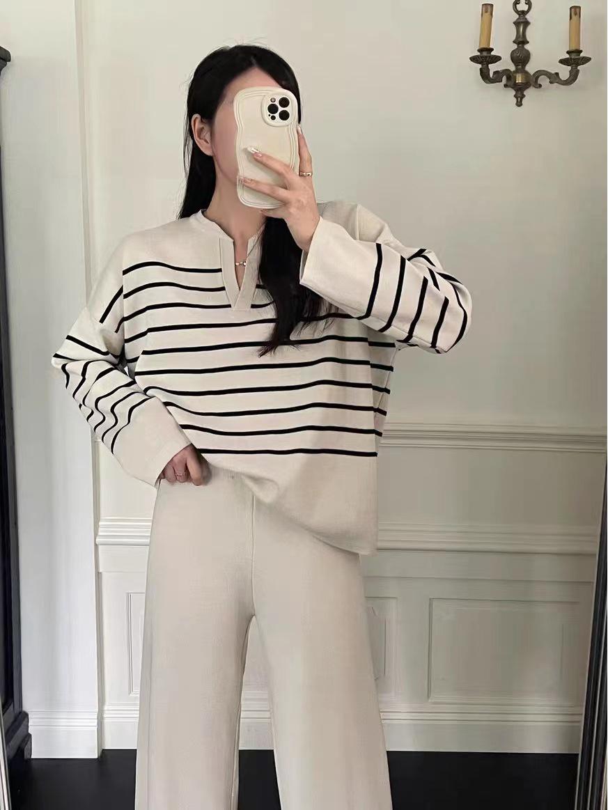

Korean Style Women s Striped Knit Top & High-Waisted Wide-Leg Pants Set One Size абрикосовый