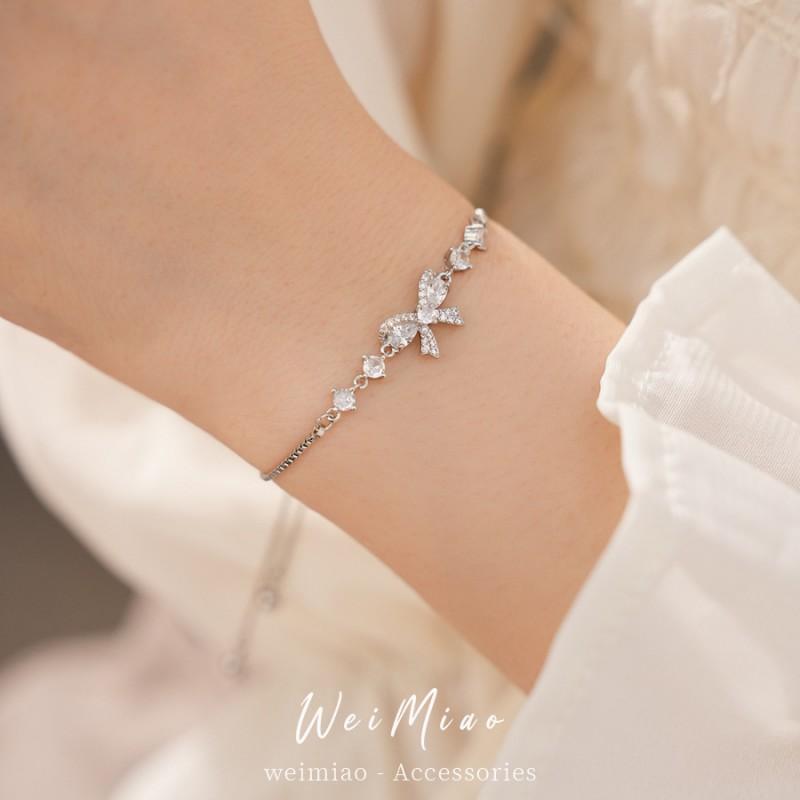 Elegant Zircon Bowknot Bracelet Women Minimalist Luxury Daily Wear Adjustable Copper Chain Jewelry