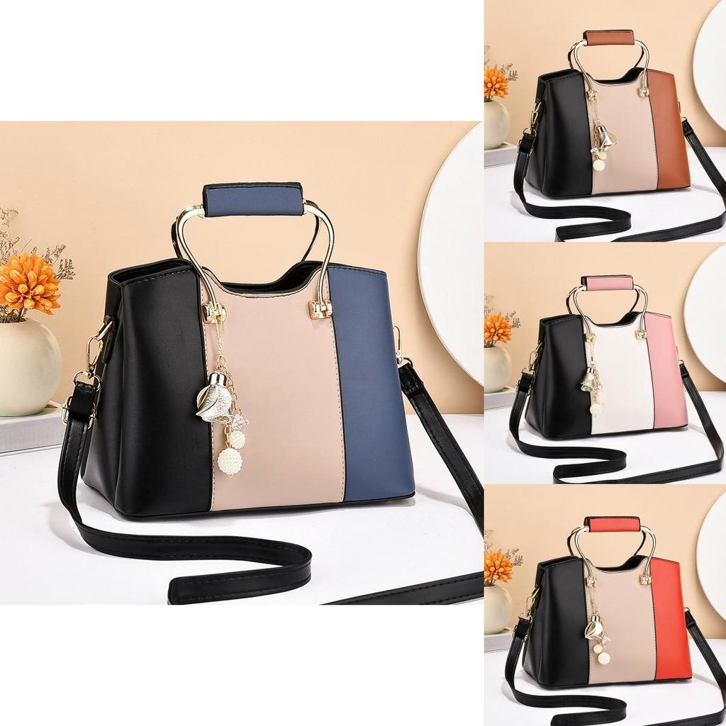 Elegant Pu Handbag In Fashionable Colors Red Pink Blue Featuring Functional Zipper Pockets And Chain Detail