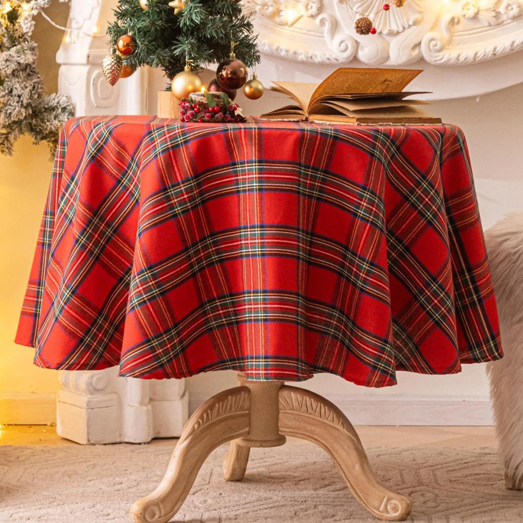 Round Christmas Tablecloth- Red Buffalo Plaid Christmas Table Cloth,  Xmas Tablecloths For Dining Table, Party, Kitchen Decor