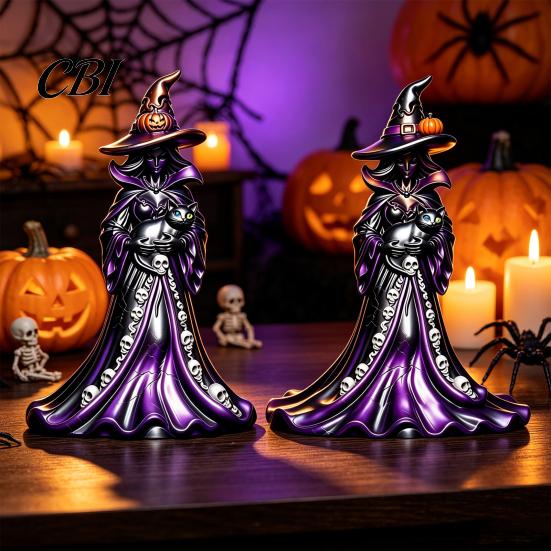 Gothic Home Decor Halloween Witch Figurine, Resin Black Cat Statue with Pumpkin, Retro Party Supplies Sculpture, Tabletop Ornament for Display