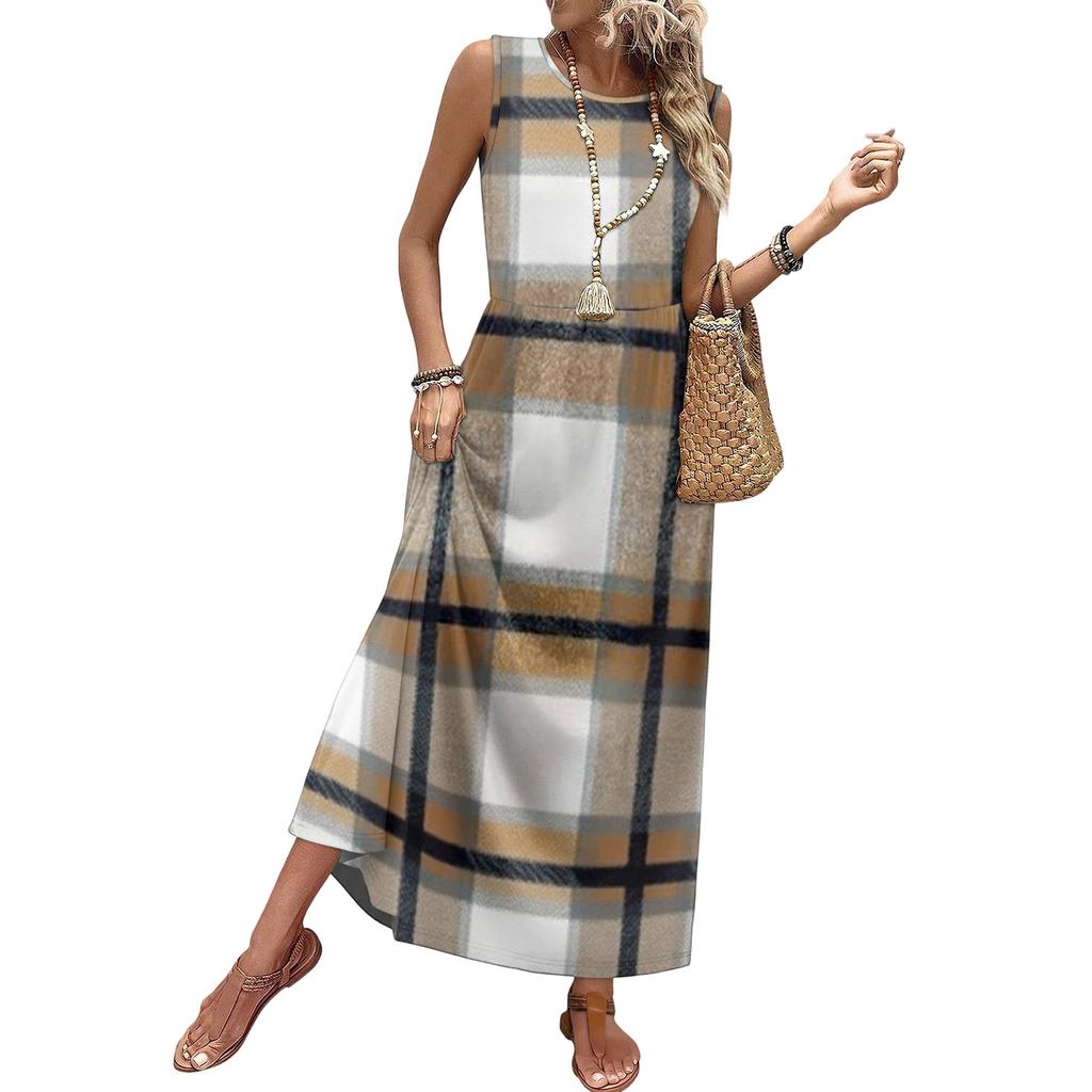 Ladies' Plaid Printed Casual and Fashionable Waist Cinched Sleeveless Dress