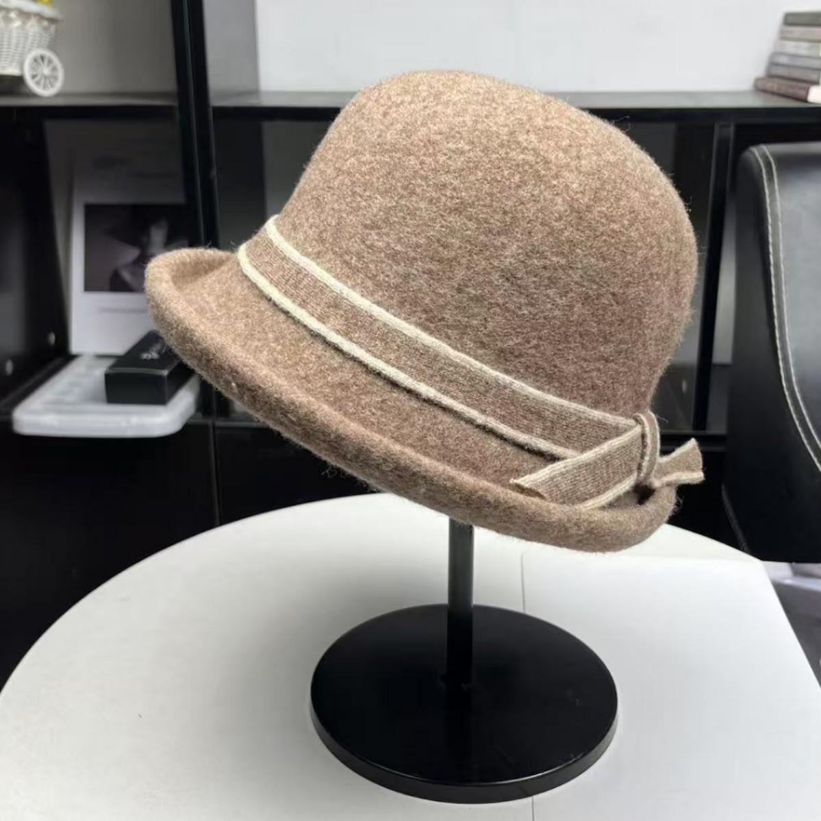 

High-end celebrity autumn and winter elegant wool top hat suitable for round face basin hat bow decoration warm bucket hat tide M（55-58cm） верблюд