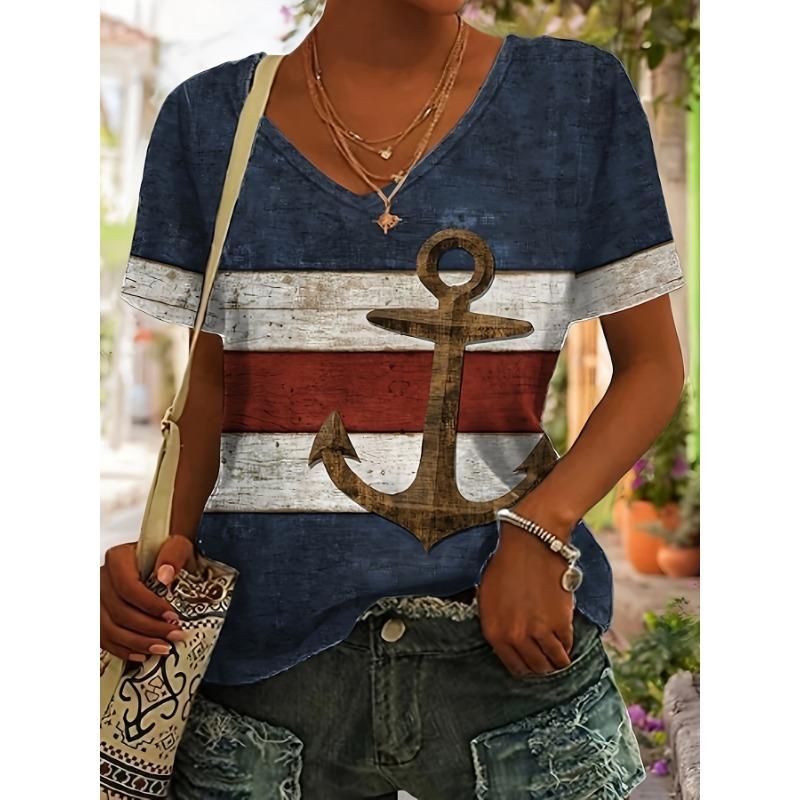 Casual Fashion Holiday Women s V-Neck Regular Fit Graphic Anchor Print Short Sleeve T-Shirt Top 4XL