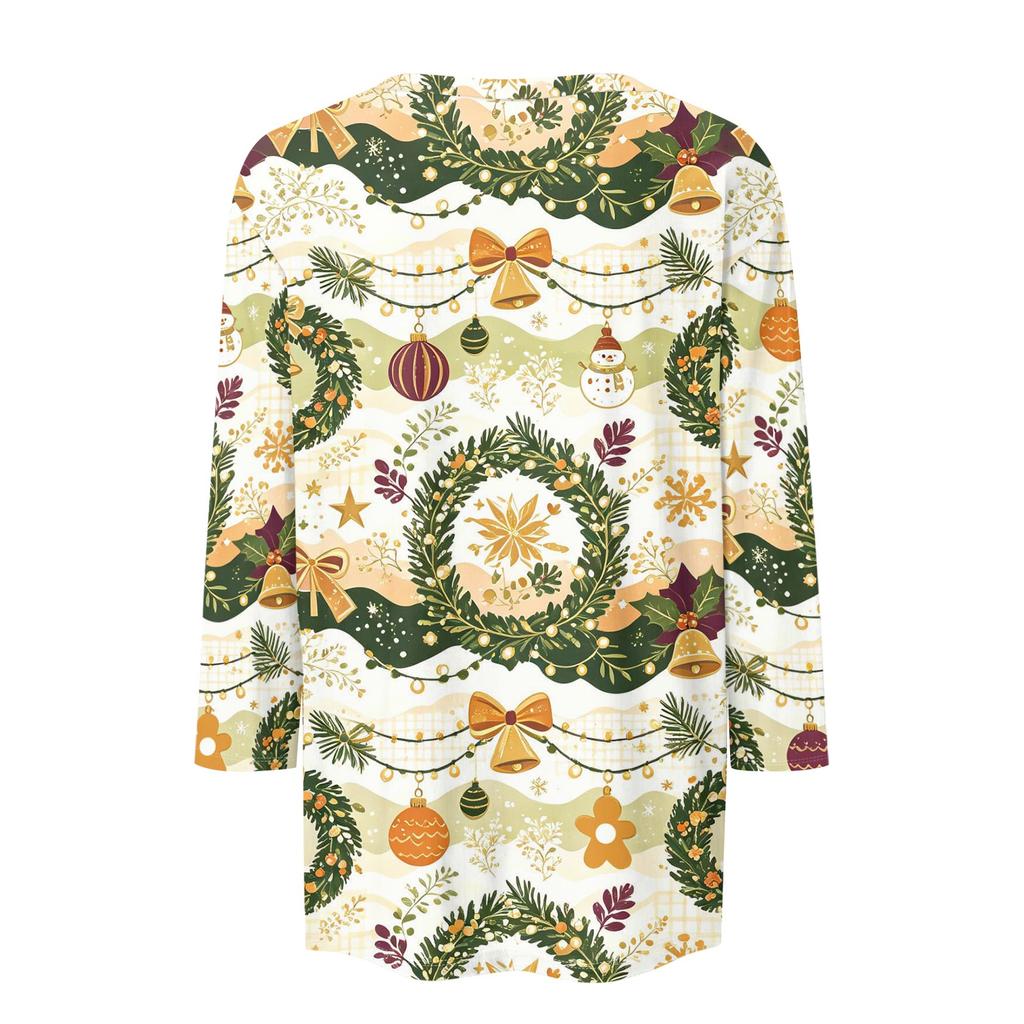 Women's Fashion Casual Three-Quarter Sleeve Christmas Print Neck Top