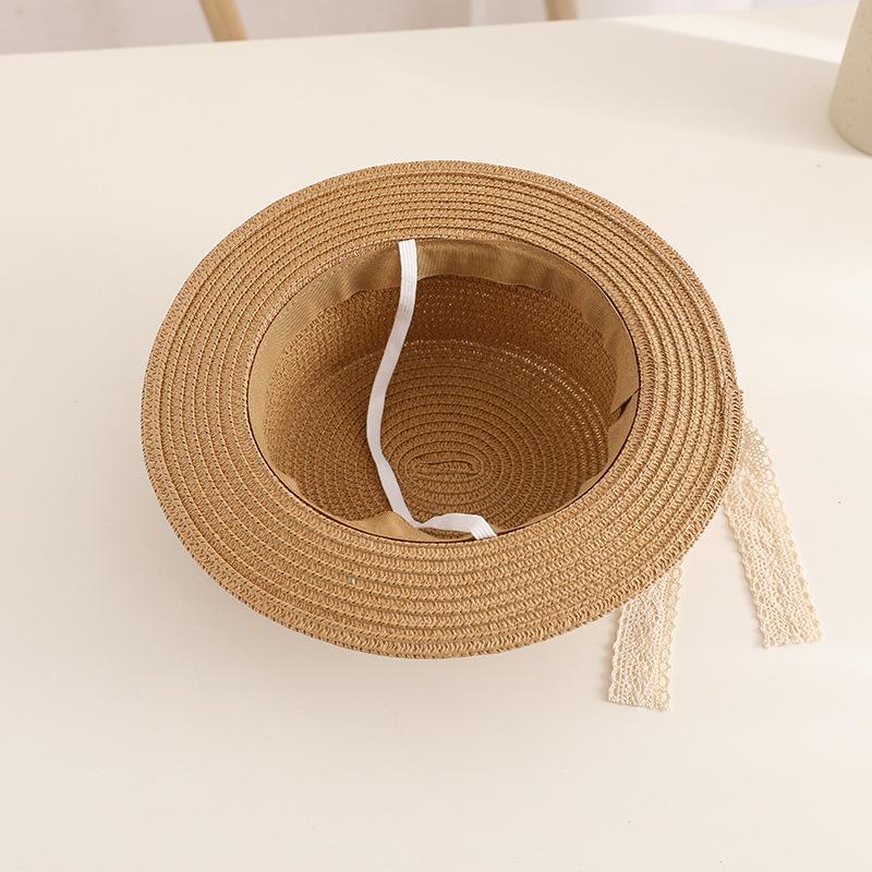 Lace Bow Straw Hat Baby Sun Hat Girls Beach Hat British Tide Top Hat Flat Top Sun Hat