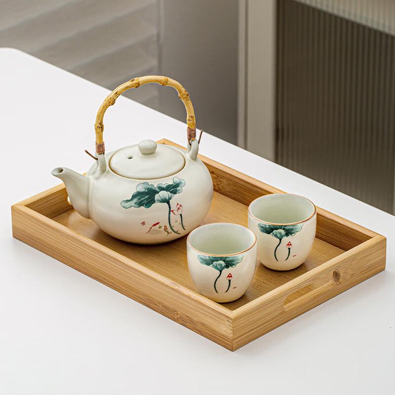 Laino Ru Kiln Teapot Set with Fish & Lotus Design and Bamboo Tea Tray