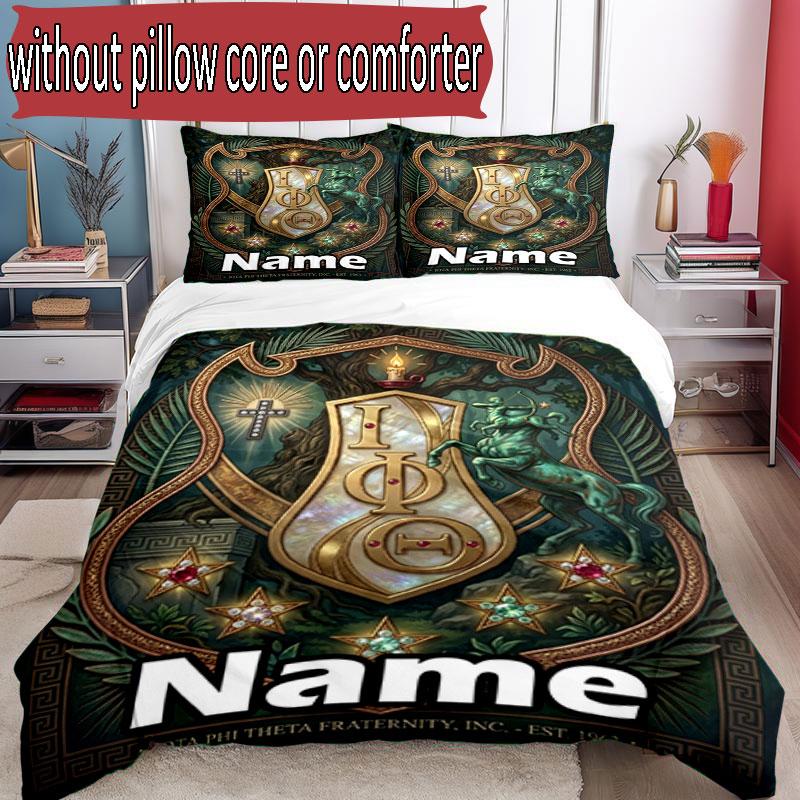 3pcs Duvet Cover Set (1*Duvet Cover + 2*Pillowcase, Without Core), Custom Name Iota Phi Theta Pattern Bedding Set, Home Bedroom Decor Gift