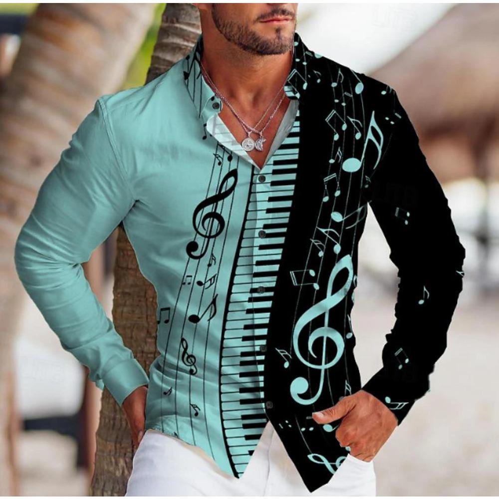 Men's Music Note Printed Long Sleeve Shirts Casual Cardigan New Button Holiday Fashion Shirts