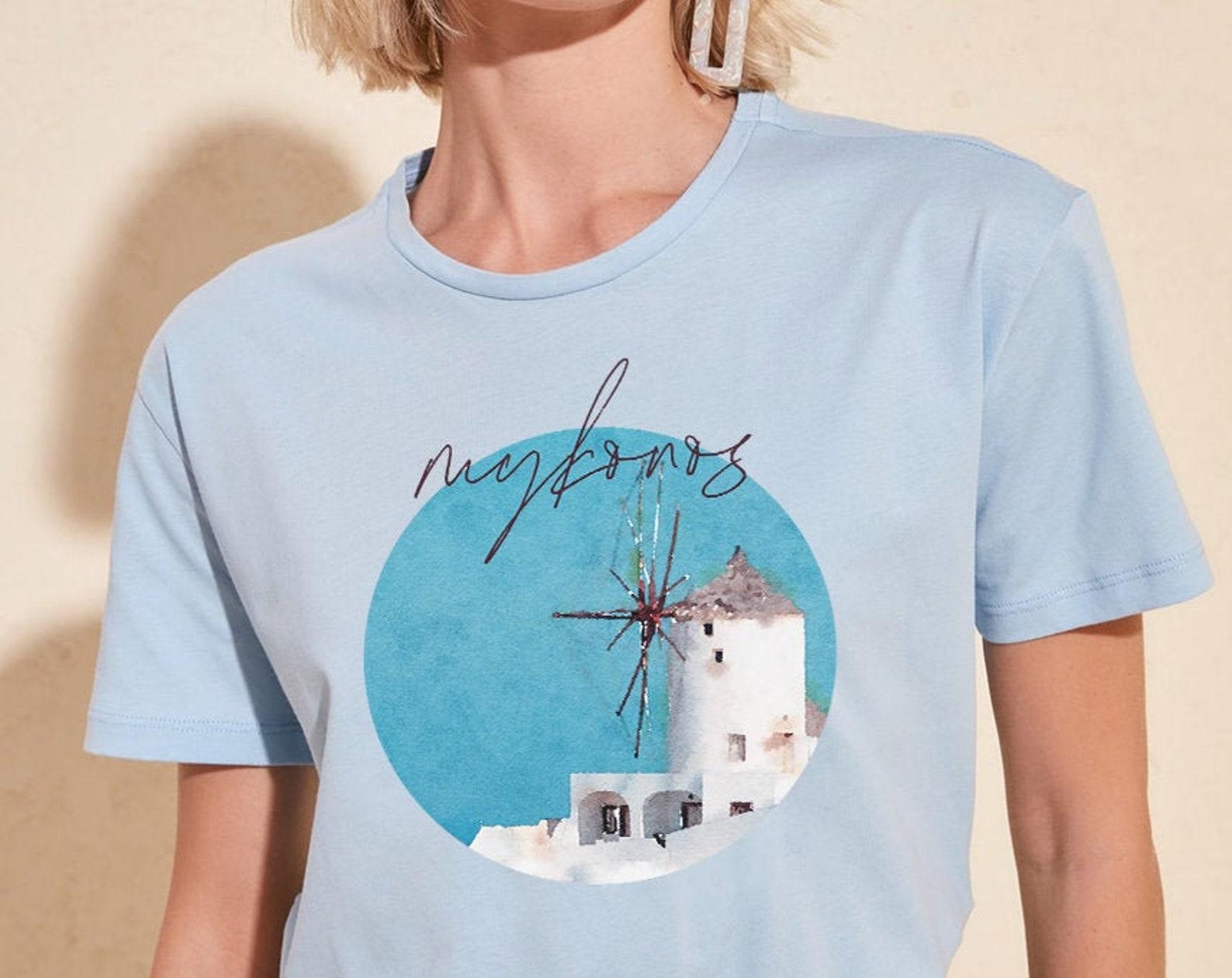 Mykonos Greece T Shirt, Mykonos Tee, Souvenir, Gift for her, Greece, Greek Islands, Mykonos Honeymoon, Summer Tee, Windmill, Mikonos S