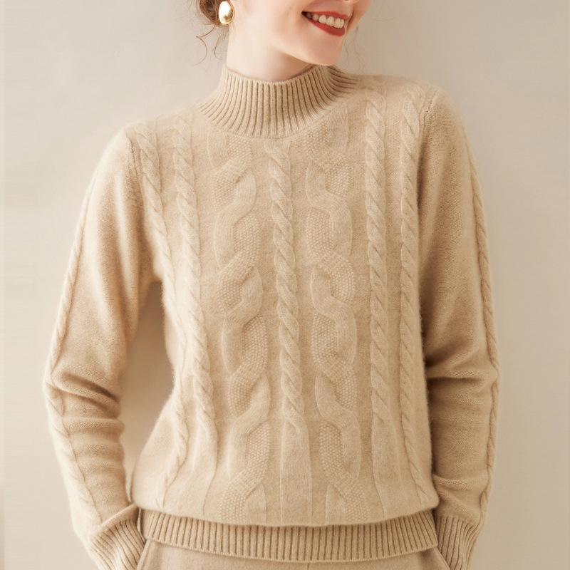 Damen Kaschmir Zopfmuster Pullover - Halboher Kragen, Langarm, Unifarbe, Warme & lässige Basisschicht