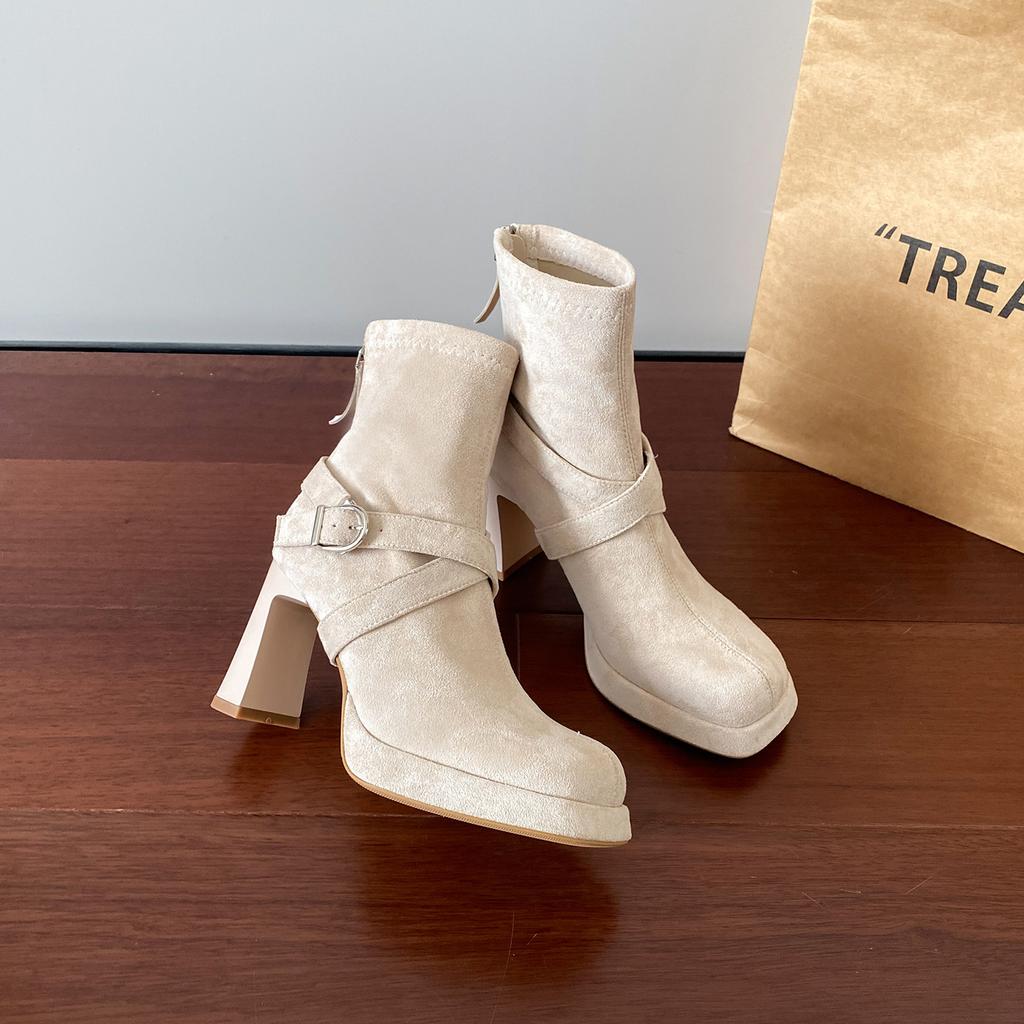 Square head two wearing boots female thin waterproof platform thick-soled high-heeled short boots female autumn and winter thick-heeled thin boots