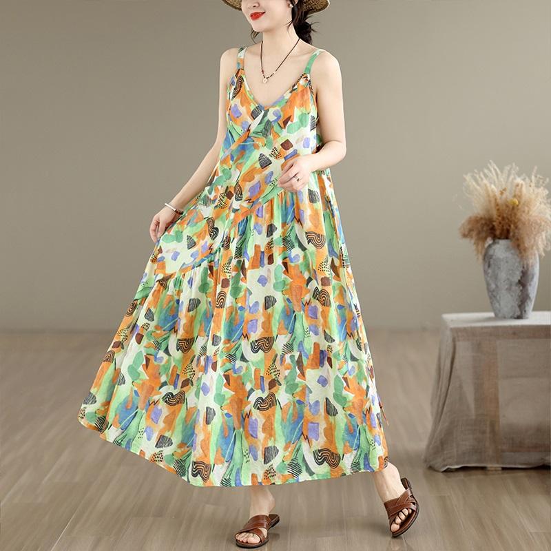 Sleeveless Strap Cotton Vintage Floral New In Dresses For Women Casual Loose Long Summer Dress Elegant Clothing